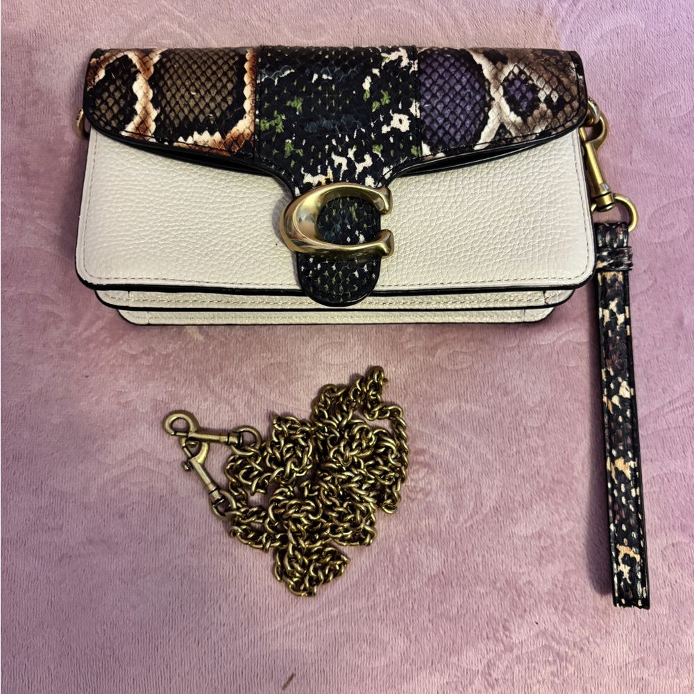 Coach White Pebbled Leather Crossbody with Snakeskin-Print Flap